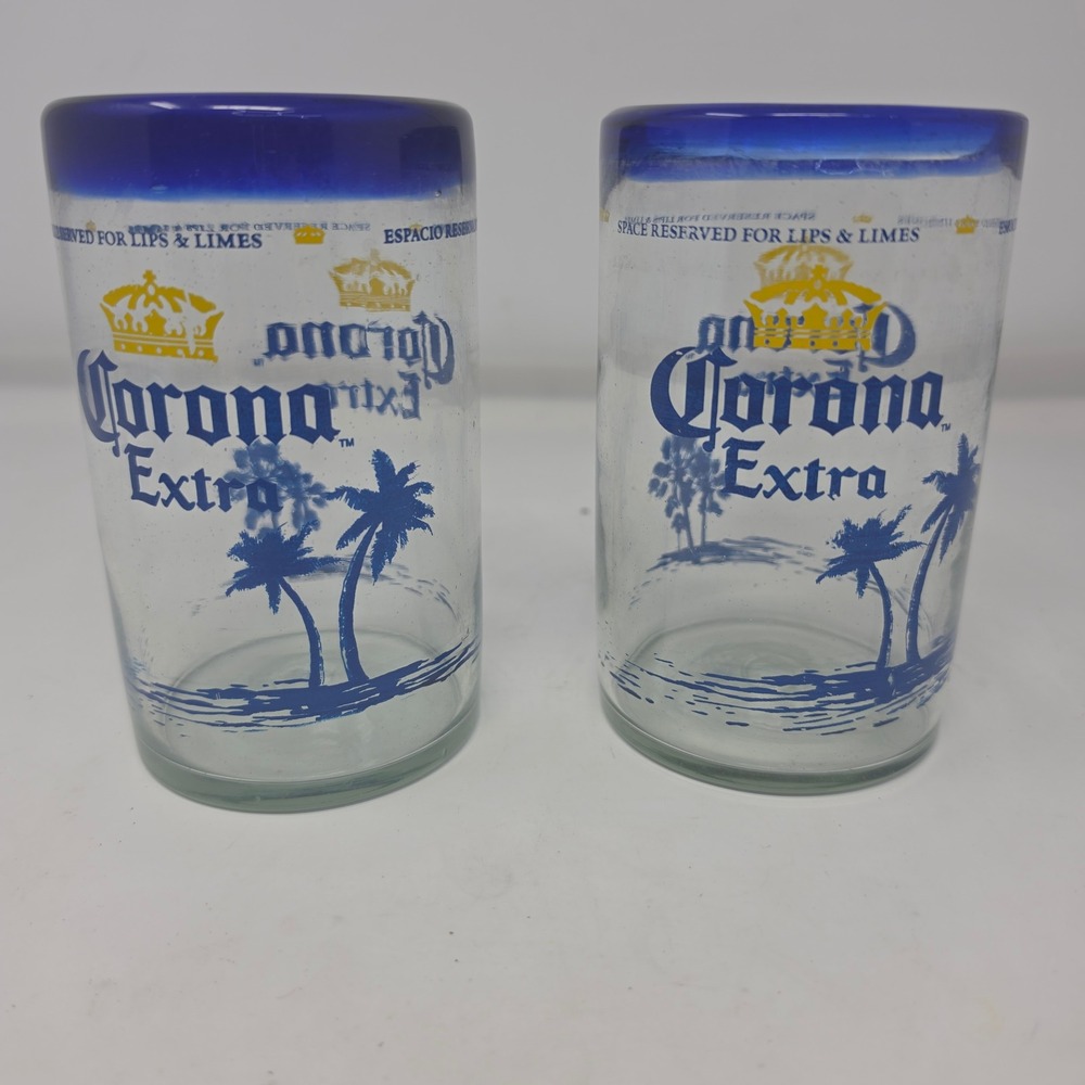 Corona Extra Beer Glasses Set of 2 Cobalt Blue Rim Lips & Limes Palm Tree Logo
